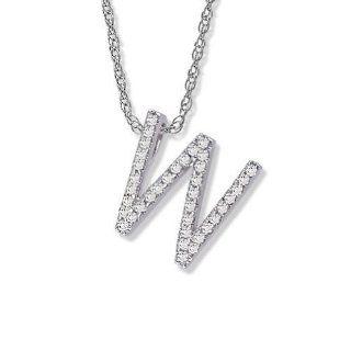 14K White Gold Diamond "W" Initial Pendant, 16" Necklace Jewelry