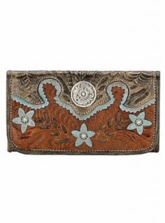 American West Leather Tri Fold Wallet 5683282 Womens Tan/Blue Clothing