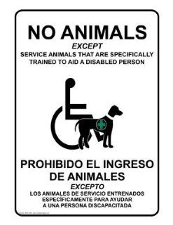ADA No Animals Except Service Animals Bilingual Sign NHB 13898  Business And Store Signs 