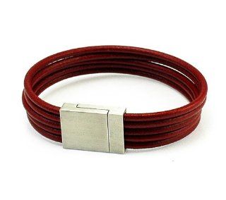 Dark Red Five Cord Leather Bracelet With Stainless Steel Magnetic Clasp Jewelry