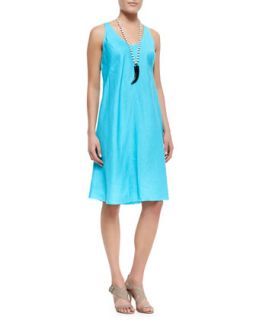 Organic Linen Knee Length Bias Dress, Womens   Eileen Fisher   Deep aqua (1X