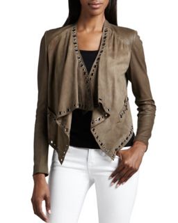 Womens Grommet Trimmed Leather Jacket   Taupe (LARGE/12 14)