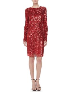 Womens Sequined Long Sleeve Dress, Red   Monique Lhuillier   Red (10)