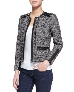 Womens Long Sleeve Tweed Jacket with Leather Trim, Black   Rebecca Taylor  