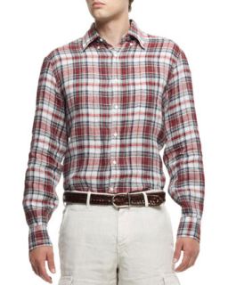 Mens Plaid Linen Shirt, Multi   Brunello Cucinelli   Multi (M/50)