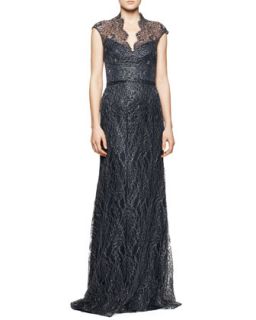 Womens Cap Sleeve Lace Overlay Gown, Midnight   Theia by Don ONeill  