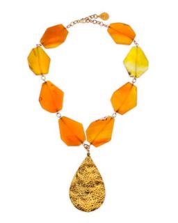 Hammered Gold Plated Teardrop & Yellow Agate Necklace   Devon Leigh   Gold