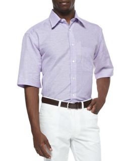 Mens Check Short Sleeve Cotton/Linen Shirt, Purple   Brioni   Purple (LARGE)