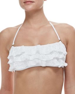 Womens Lace Ruffle Bandeau Bikini Top   PilyQ   White (MEDIUM)