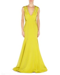 Womens V Neck Side Pleat Crepe Gown   Arzu Kaprol   Chartrse (38/M)