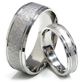 STYLISH 8/4MM Hammered Finish His Hers Wedding Bands 14K White Gold Jewelry