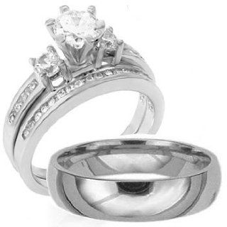 3 Pieces Men's Women's, His & Hers, 925 Sterling Silver & Titanium Engagement Wedding Ring Set, AVAILABLE SIZES men's 8,9,10,11,12; women's set 5,6,7,8,9,10. CONTACT US BY EMAIL THROUGH  WITH SIZES AFTER PURCHASE Jewelry