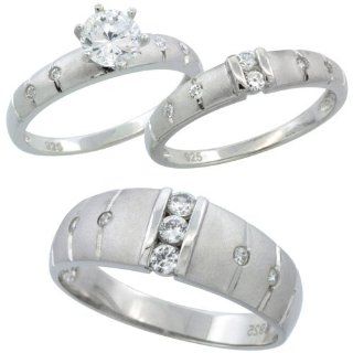 Sterling Silver Cubic Zirconia Trio Engagement Wedding Ring Set for Him and Her 7.5 mm Channel Set, L 5   10 & M 8   14 Wedding Bands Jewelry