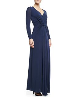 Womens Long Sleeve Jersey Gown with Twist Detail, Navy   Halston Heritage  