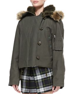 Womens Faux Fur Hooded Cropped Jacket, Parka Gray Green   McQ Alexander