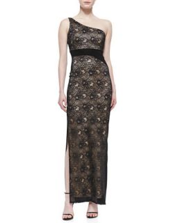 Womens One Shoulder Stretch Lace Gown, Black   Laundry by Shelli Segal   Black