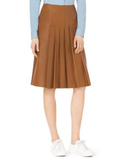Womens Knee Length Pleated Leather Skirt   Michael Kors   Luggage (6)