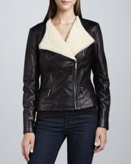 Womens Shearling Collar Leather Biker Jacket   Black (SMALL/4 6)