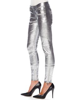 Womens Metallic Leather Moto Pants   MICHAEL Michael Kors   Silver (14)