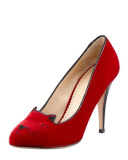 Kitty Cat Embroidered Velvet Pump, Red   Charlotte Olympia   Red/Black (39.5B/9.