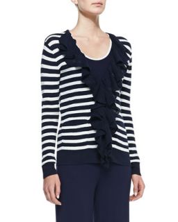 Womens Striped Ruffle Front Cardigan   Navy/White (LARGE (12/14))