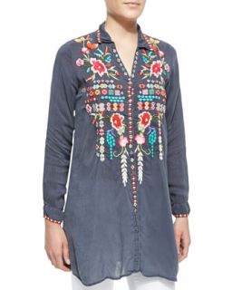 Womens Eyva Embroidered Long Tunic   Johnny Was Collection   Graphite (X LARGE