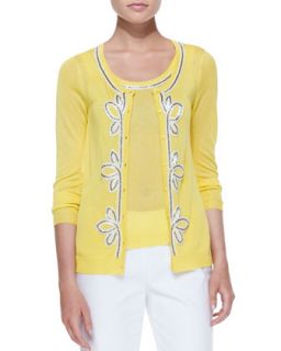 Womens Button Front Cardigan with Bead Trim, Yellow, Petite   Michael Simon  