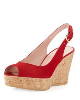 Jean Suede Cork Wedge, Red (Made to Order)   Stuart Weitzman   Red (37.0B/7.0B)
