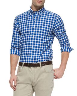 Mens Woven Check Button Down Shirt, Blue   Ermenegildo Zegna   Blue (XL)