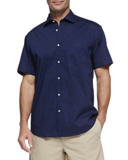 Mens Solid Woven Short Sleeve Shirt, Navy   Navy (LARGE)