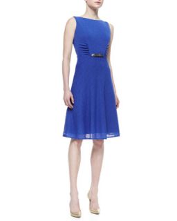 Womens Sleeveless Belted Dress with Ruched Sides, Iris Blue   David Meister  
