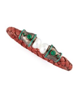 Pearl Capped Woven Leather Cuff, Red/Mint   MCL by Matthew Campbell Laurenza  
