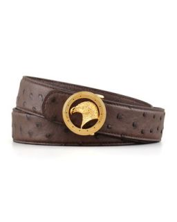 Mens Eagle Head Ostrich Belt with Round Buckle, Brown   Stefano Ricci   Brown