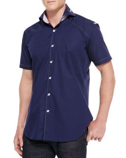 Mens Mini Peter Solid Woven Sport Shirt, Navy   Bogosse   Navy (3)