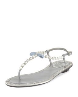 Pearly & Crystal Flat Thong Sandal, Silver   Rene Caovilla   Silver (38.5B/8.5B)