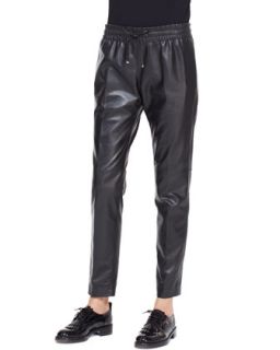 Womens Leather Track Pants with Drawstring, Black   Valentino   Black/Ivory (8)