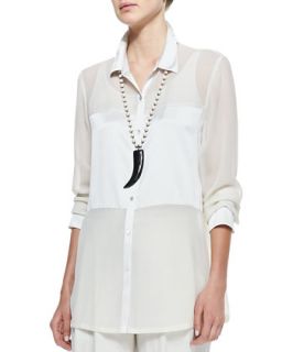 Womens Silk Charmeuse Long Button Front Shirt, Petite   Eileen Fisher   Black