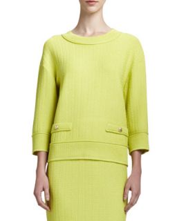 Womens Linked Grid Sweater with Pockets, Chartreuse   St. John Collection  