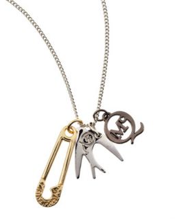 Silvertone Pin, Sparrow & Logo Charm Necklace   McQ Alexander McQueen   Silver