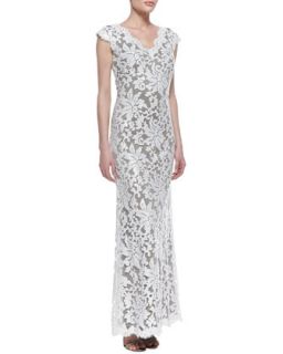 Womens Cap Sleeve Sequined Lace Overlay Gown, Dove Gray   Tadashi Shoji   Dove