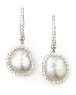 White South Sea Pearl & Diamond Framed Drop Earrings, White Gold   Eli Jewels  