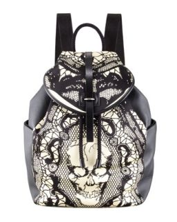 Mens Skull & Lace Print Leather Backpack   Alexander McQueen   Black/White