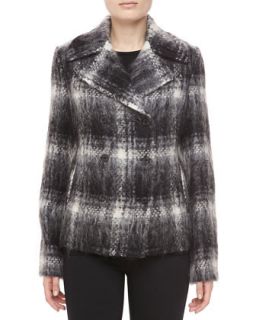 Womens Mohair Plaid Double Breasted Jacket, Black/Ivory   Michael Kors  