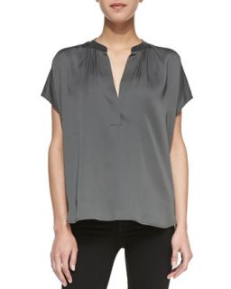 Womens Leather Contrast Silk Popover Blouse   Vince   Slate (LARGE)