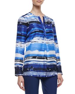 Womens Samantha Long Sleeve Watercolor Top, Navy/White   Lafayette 148 New