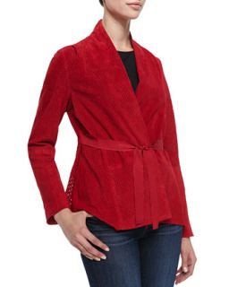 Womens Suede Laser Cut Tie Waist Jacket   Bagatelle   Red (X LARGE/16)