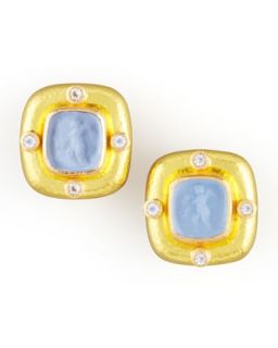 Putto Intaglio Clip/Post Earrings, Cerulean   Elizabeth Locke   Blue