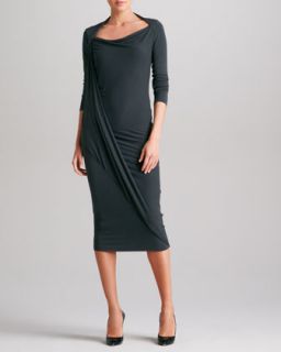 Womens Long Sleeve Asymmetric Drape Dress, Asphalt   Donna Karan   Asphalt