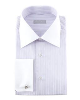 Mens Contrast Collar Thin Striped Dress Shirt, Lavender   Stefano Ricci  