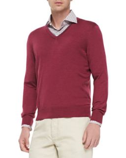 Mens Cashmere/Silk V Neck Sweater   Ermenegildo Zegna   Red (SMALL)